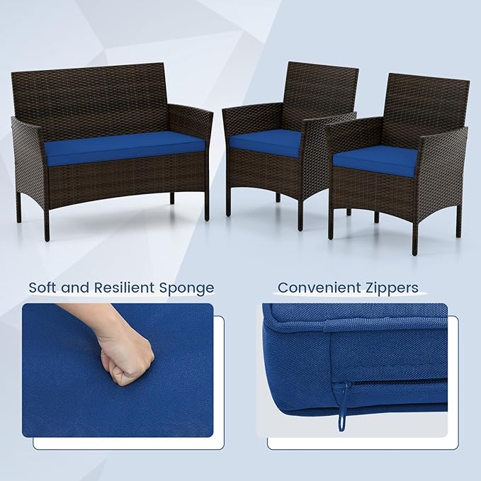 ORALNER 4 Pieces Patio Furniture Set, Rattan Chairs Loveseat with Soft Cushion and Glass Table, Outdoor Wicker Conversation Set for Balcony Garden Backyard Porch Poolside (Navy)