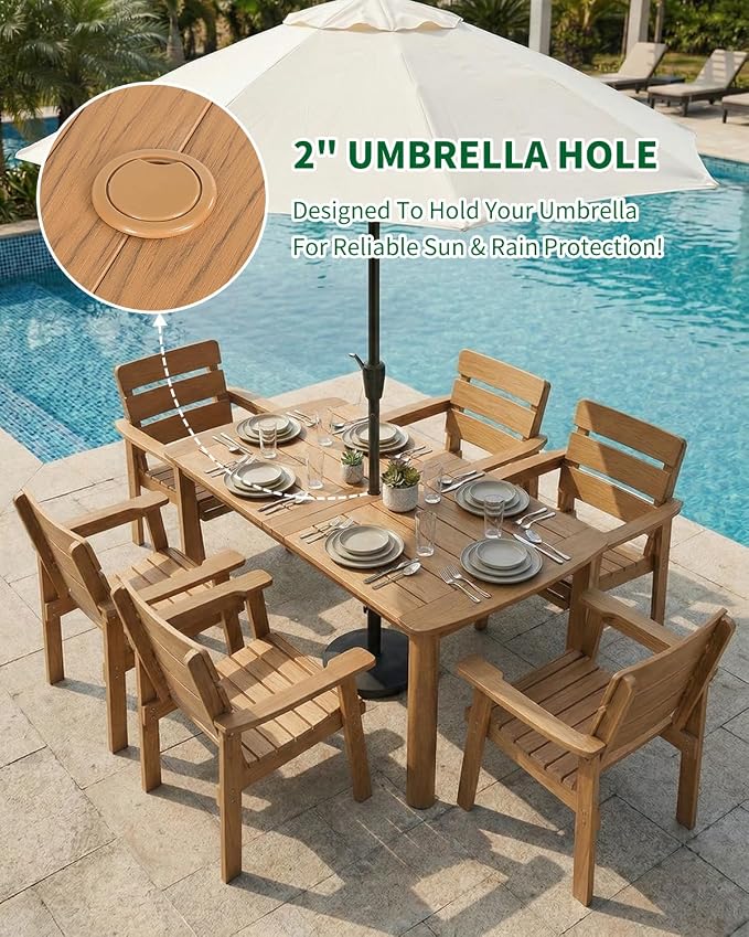 Outdoor Rectangle Dining Table with Rounded Edge, 67" All-Weather HIPS Patio Table for 6, Outdoor Furniture with Umbrella Hole, Ideal for Garden, Poolside, Backyard, Deck, Teak