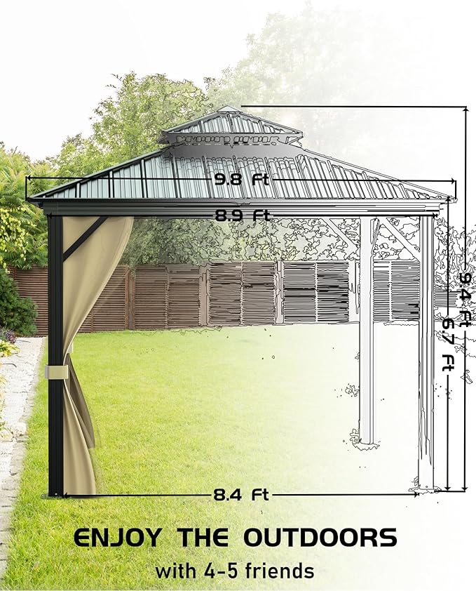 10x10 FT Hardtop Gazebo with Double Metal Roof, Aluminum Frame Permanent Pavilion with Curtains and Netting, Outdoor Gazebo for Patio Backyard Lawns