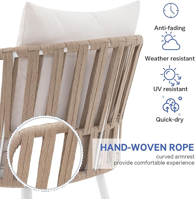 SUNSITT Patio Dining Chairs Set of 2, Outdoor Metal Dining Chairs with Woven Rope, All-Weather Patio Arm Chairs w/Cushions, Porch, Garden, White