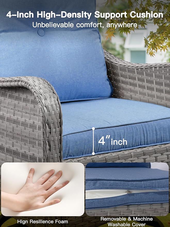 6-Piece Patio Furniture Set, Outdoor Swivel Rocking Chairs with 4" Thick Cushions & Side Table, All-Weather PE Rattan & Rust-Resistant Steel Frame Conversation Set for Porch, Garden, Backyard, Blue