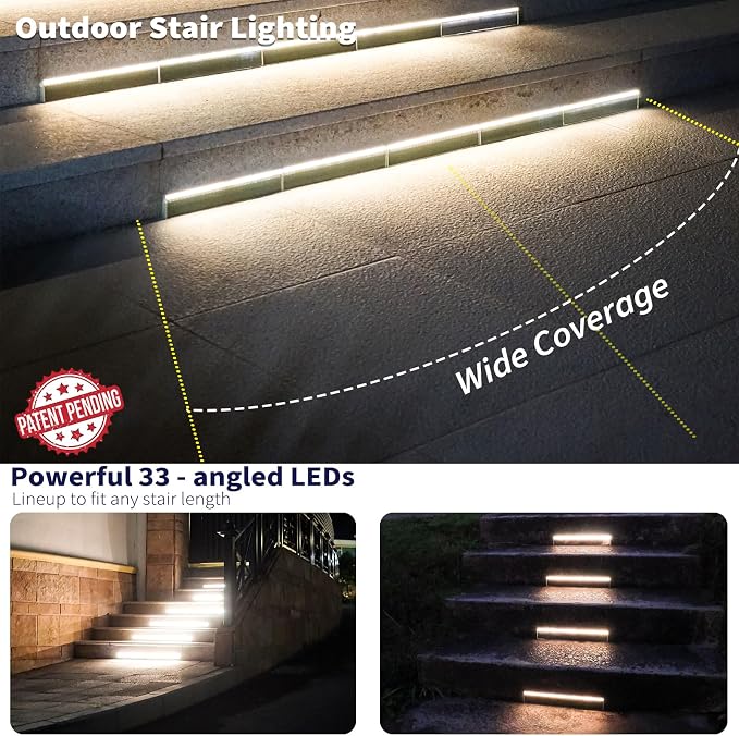 SHONELIGHTING Solar Step Lights Outside, 33 Focused LEDs, Stair Light, 1PK | Downward Lighting, High Brightness, Modular, Waterproof Aluminum, Risers, Deck, Curbsides, Planter Edges, Warm White, 3000K