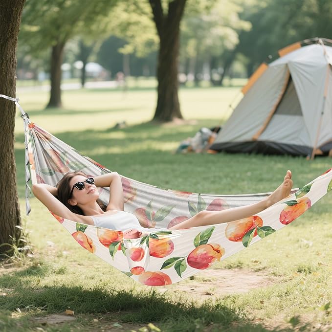 Camping Hammock Outdoor Hammocks for Outside Peach Watercolor Style Beach Trees Portable Lightweight with Pockets Tree Straps Indoor Small