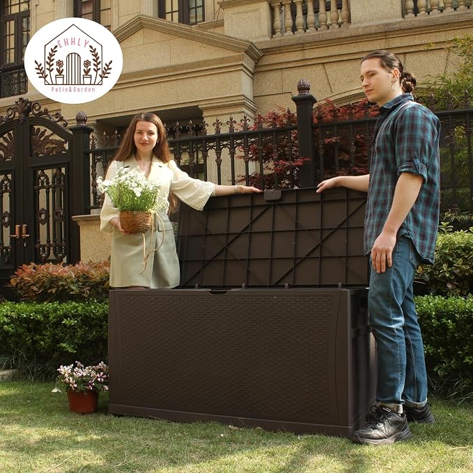 EHHLY 100 Gallon Outdoor Storage Box, Lockable Waterproof Package Delivery Boxes for Outside, Resin Outdoor Storage Deck Box for Garden Tools, Cushions, Pool Supplies, Indoor Outdoor Accessories