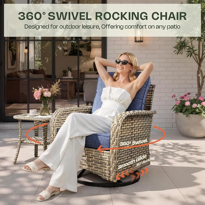 11 Piece Patio Furniture Set Outdoor Sectional with 54" Fire Pit Table, Swivel Rocking Chairs and L-Shaped Rattan Couch, Modular Conversation Set with Solar Coffee Table for Deck, Denim Blue