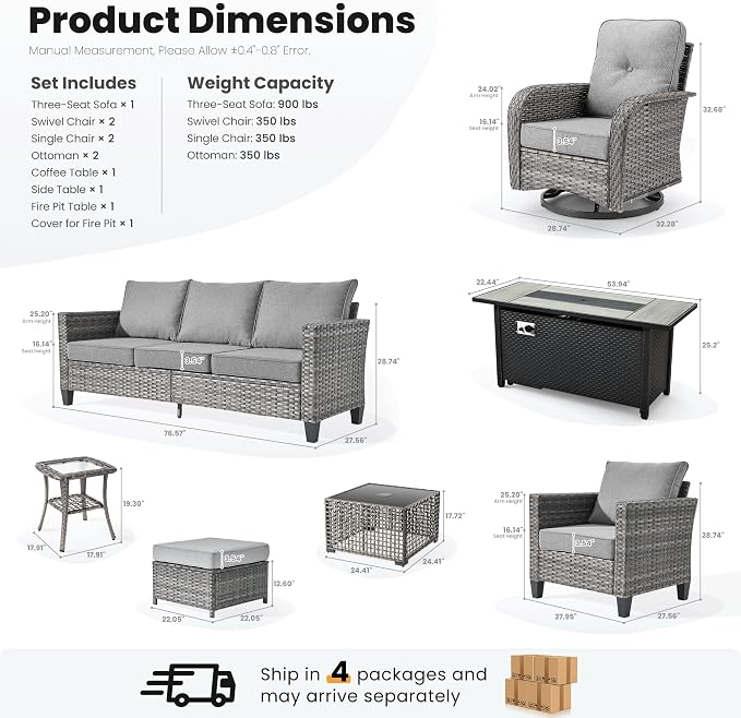 ovios 10 Pieces Patio Furniture Set, Outdoor Wicker Sofa Couch with Swivel Glider Chairs Solar Light Table Fire Pit, Modern Deep Seat Rattan Conversation Sets, Dark Grey
