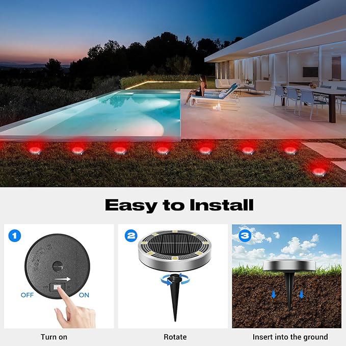 Peasur Mini Solar Ground Lights Outdoor, 8 Pack Flat Solar Powered Disc Lights, IP68 Waterproof, Anti-Rust, Landscape Lighting for Pathway Garden Yard Lawn Walkway Landscape Driveway, Red