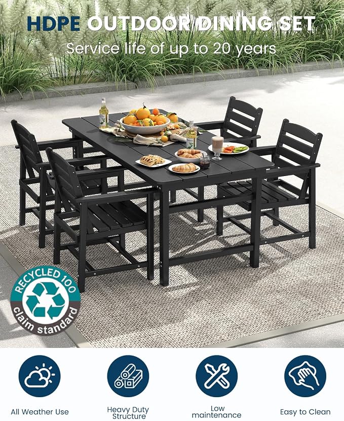 FOOWIN Outdoor Table and Chairs Set 5-Piece HDPE All Weather Patio Dining Set with Umbrella Hole,Outdoor Patio Furniture Dining Set for 4,Patio Kitchen Table Set for Garden,Backyard,Poolside Black