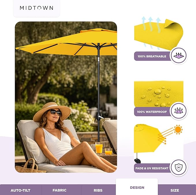Midtown Umbrellas - The Lean 10 Ft Patio Umbrella with Fade-Resistant Sunbrella Fabric, Auto-Tilt Aluminum Frame and 8 Reinforced Ribs for Deck, Pool & Garden - White Canopy, Black Pole