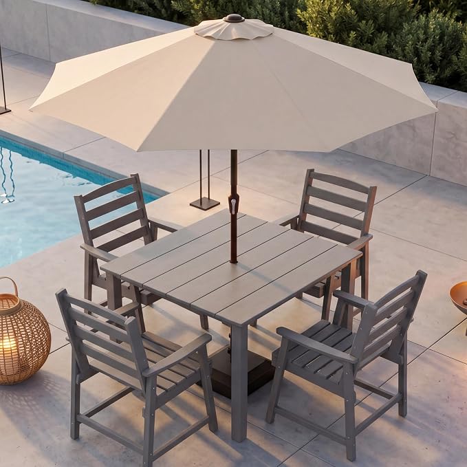HDPE Outdoor Dining Set for 4 with 10FT Umbrella, Grey | All-Weather HDPE, Wood Grain Finish, 42.5" Square Table, Built-In Umbrella Hole, Seats 4, Patio & Poolside Ready