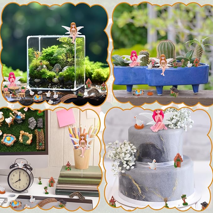35 Pcs Fairy Garden Accessories Miniatures Garden Kit with Resin Fairies, Duck, Mushroom House & Bridge Miniature Accessories for Terrarium, Dollhouse & Outdoor Decor