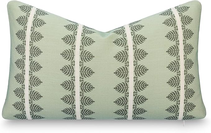 California Casual Coastal Indoor Outdoor Lumbar Pillow Cover, 12"x20" Water Repellent for Patio, Backyard, Couch, Poolside, Olive Light Green Print Leaves Stripes