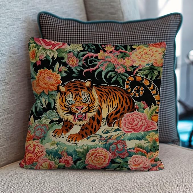 Chinoiserie Tiger Outdoor Throw Pillow Covers Green and Turquoise Black Tiger Stripe Waterproof Throw Pillowcase 26x26 in Modern Accent Pillows for Patio Furniture Garden