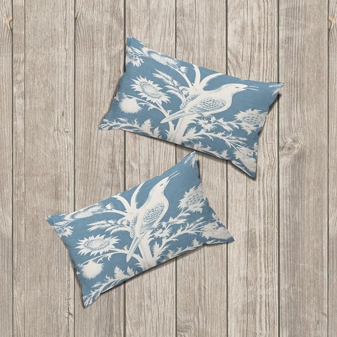 Set of 2 Blue Turquoise and White Birds Plant Pillow Covers 12x20in Farmhouse Canvas Cushion Covers Outdoor for Couch Chair Home Decor for Family Friends