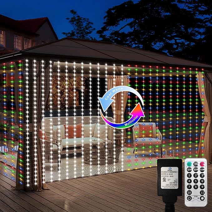 echosari 20Ft x 10Ft Large Curtain Lights Plug in, 600 LED Dual Color Changing Outdoor Curtain Lights Waterproof Connectable with Remote for Wedding Backdrop Yard Decor (Cool White & Multicolor) | 600 LED Dual Color Changing Outdoor Curtain Lights Wate...