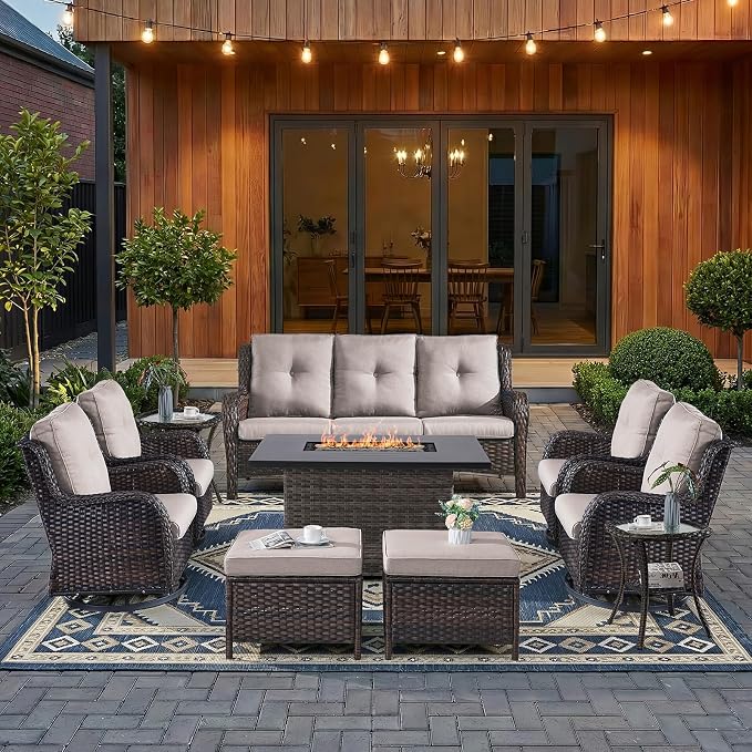 HUMMUH 10 Pieces Patio Furniture Set with Fire Pit High Back Wicker Outdoor Furniture Set Swivel Rocker Chairs 3-Seater Couch for Porch,Deck,Backyard