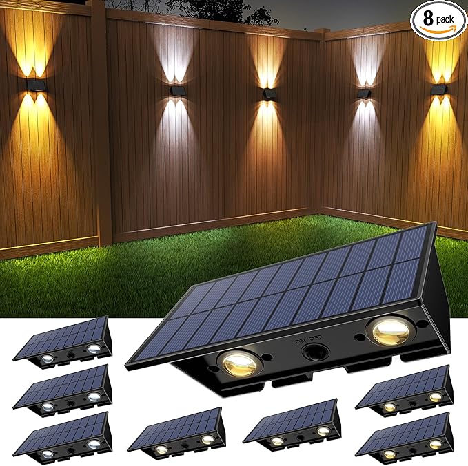 Solar Fence Lights,8Pack Solar Lights Outdoor 2700/4500/6000K 3 Mode Up & Down Solar Wall Lights Waterproof 100 Lumens Solar Powered Fence Light for Backyard/Pool/Railing/Patio/Porch/Step