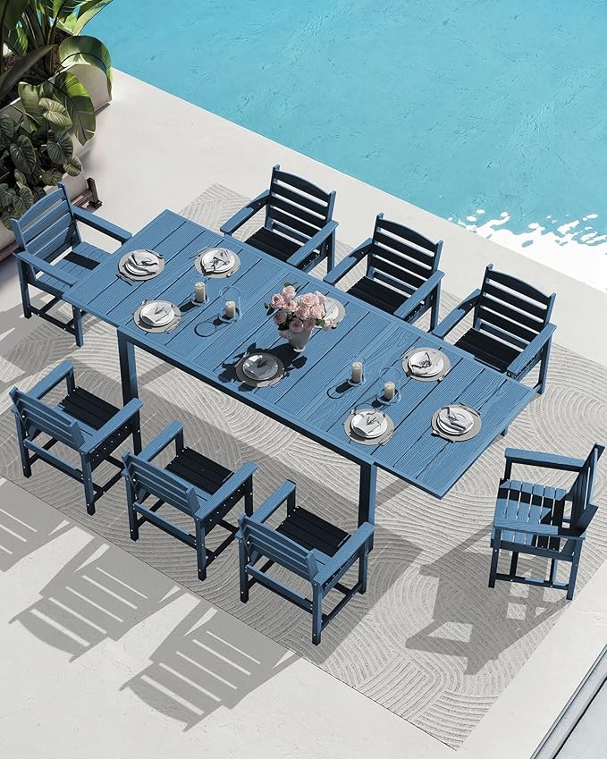 SERWALL 10-Piece Patio Dining Sets with 15FT Patio Umbrella, 60" - 83" Expandable Outdoor Dining Table and 8 HDPE Chairs, All Weather HDPE Outdoor Furniture Set (Umbreall Base not Included)