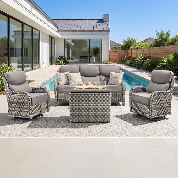 Luxury Patio Furniture Set with 6-inch Thick Cushion, Outdoor Furniture with Fire Pit Table, Swivel Chairs, Sofa, 4pcs Wicker Conversation Set for Deck Yard and Poolside Grey Wicker | Grey Cushions