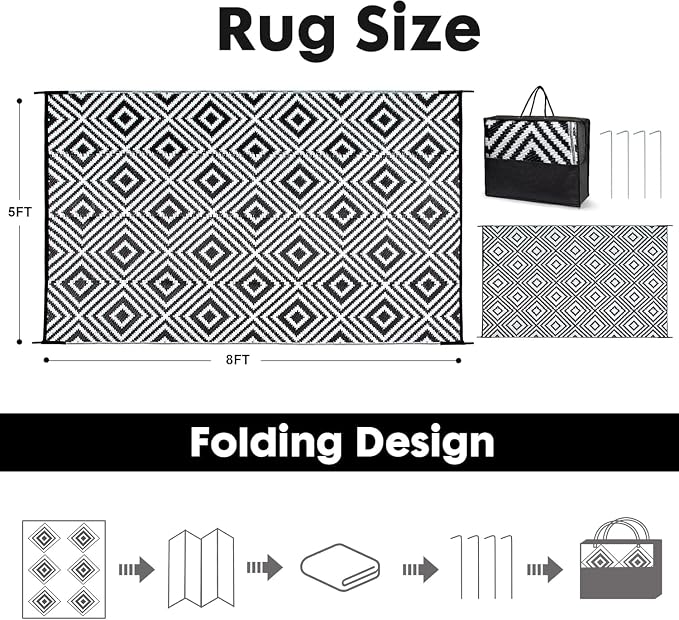Outdoor Rug 5x8 Waterproof Reversible Patio Rug, Foldable Plastic Straw Outdoor Carpet, Lightweight Portable Camping Mat, Outside Area Rug for RV, Deck, Backyard, Picnic, Beach, Balcony