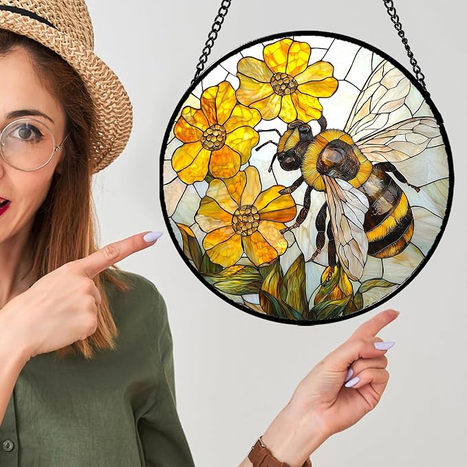 Stained Glass Window Hanging - Yellow Bees Gathering Flowers Sun Catcher for Door Garden Home Decor Cute Suncatcher Christmas Mother's Day Birthday Gifts for Women Men Mom Nana 15 in