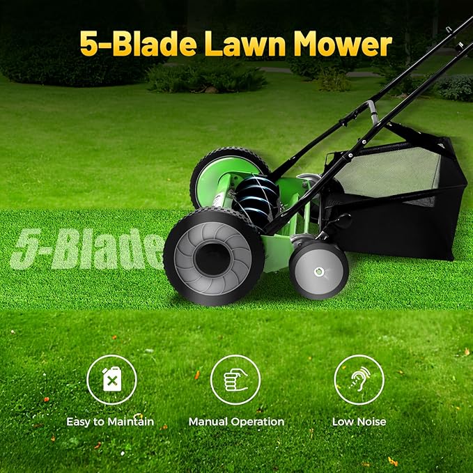 Manual Push Reel Lawn Mower, 20-Inch 5-Blade with 9-Position Height Adjustment, Grass Catcher, Low Noise Operation for Garden and Yard