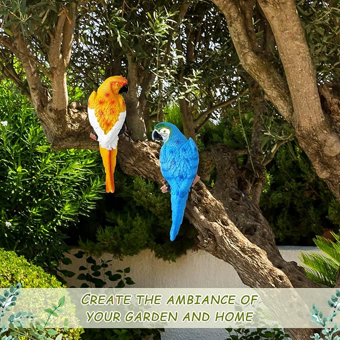 Jetec Parrot Decor Outdoor Tiki Bar Decor Large Realistic Parrot Statues Outside Lifelike Bird Sculptures Garden Patio Yard Lawn Figurines for Tropical Animal Tree Wall(2 Pcs,Blue, Yellow)