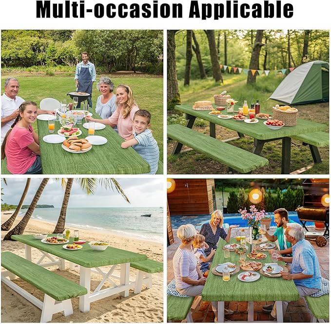 Smiry Picnic Table Cover with Bench Covers, Waterproof Elastic Fitted Tablecloth for 6 Foot Tables, Washable Polyester Tablecloths for Camping, Indoor & Outdoor (Green & Black, 30x72 Inch 3-pc Set)