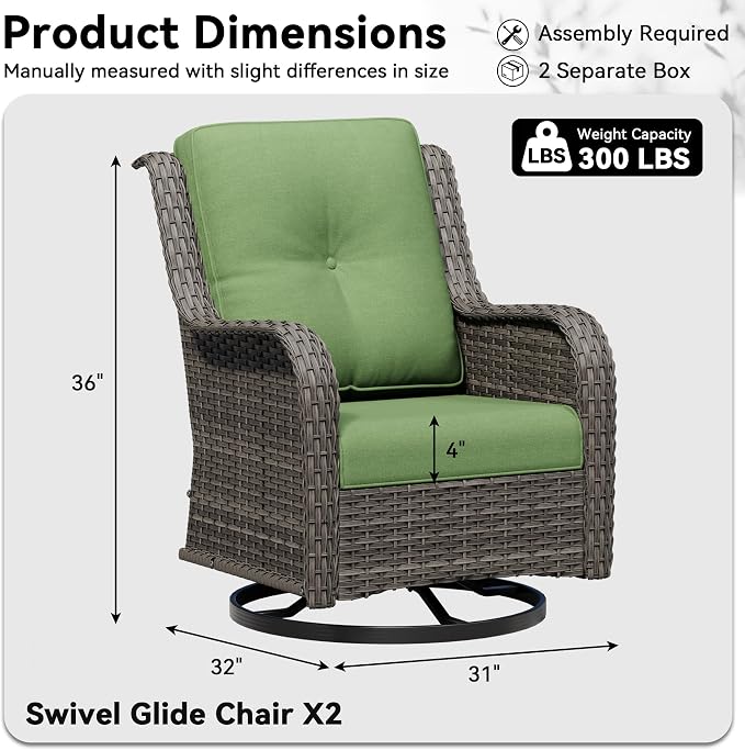 Swivel Rocker Patio Chairs Set of 2 - Outdoor Wicker Patio Furniture Set 2 Pieces with Thickened Olefin Cushions, High Back and Deep Seating, Hand-Woven PE Rattan for Porch, Deck, Green