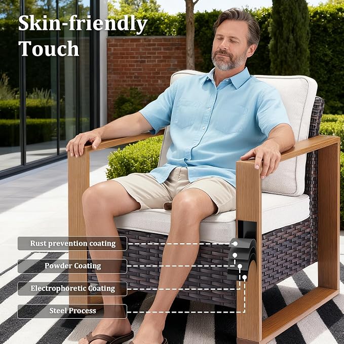 High Back Patio Furniture Set with Fire Pit Table, 4-Pieces Outdoor Furniture with Metal Arm Swivel Chairs, Wicker Conversation Set for Porch, Balcony, Deck and Yard, Beige