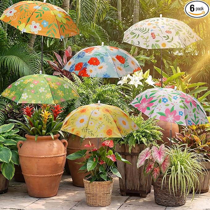 Hillban 6 Pack Plant Shade Umbrellas for Outdoor Plants 23.6" Large Garden Umbrella Shade for Potted Flower with Adjustable 40" H Sunshade Cover for Patio Garden Bed Flowers(Floral Pattern)