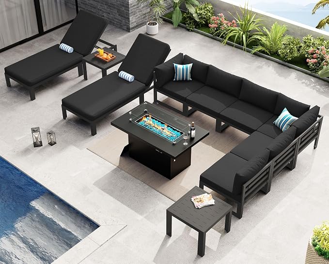 NICESOUL Oversized Modern Aluminum Outdoor Patio Furniture Set with Lounger & Fire Pit Table, 29" Wide Deep Seating, Rust Fade Resistant Sectional Sofa, 500 lbs Heavy Duty Deck Conversation Set, Black