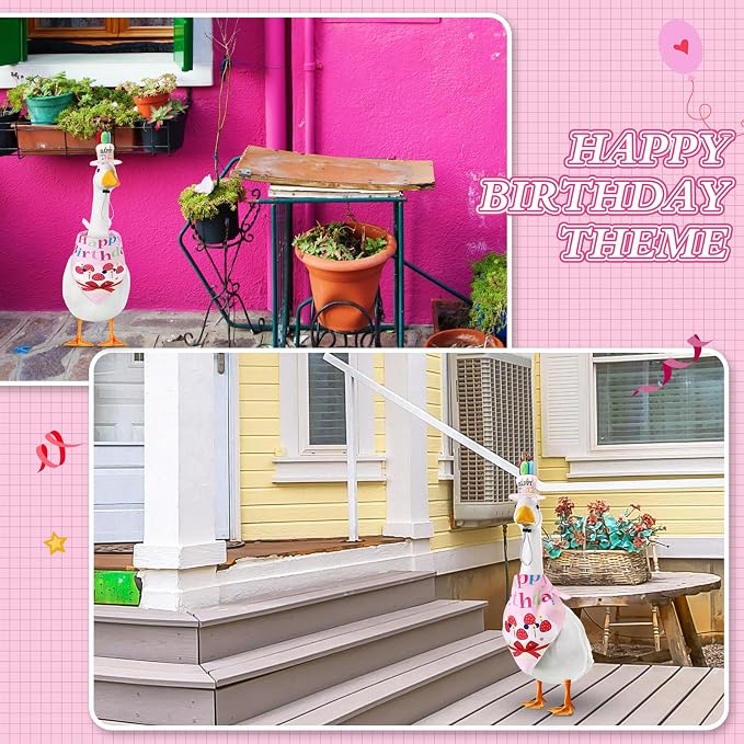 Dansydaisy Happy Birthday Goose Outfit Porch Goose Outfits with Happy Birthday Cake Hat and Bandana Yard Geese Outfits for 23" 17" Cement Plastic Geese Duck Decorations(Style 2,Pink)
