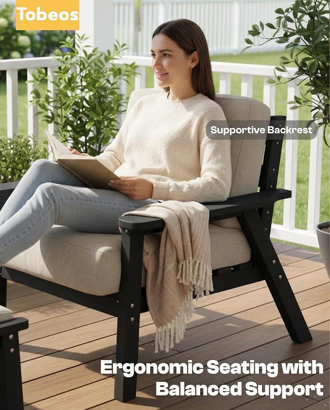 2 Piece HDPE Outdoor Furniture Set with Beige Cushions (Black Frame) | All-Weather HDPE, Modular Design, Extra-Deep Seating, Thick Cushions, Ideal for Backyard, Deck & Porch