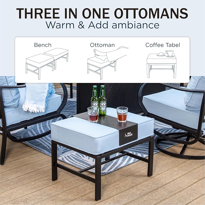 PHI VILLA 8 PCS Patio Furniture Set with Fire Pit Table,Metal Outdoor Furniture with 1 x 3-Seat Bench Sofa, 2 x Swivel Sofa Chairs, 2 x Leg Chair & 2 x Ottoman, Modern Patio Set, Light Blue