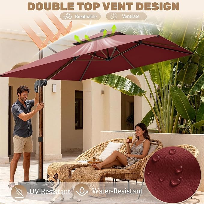10x13FT Cantilever Outdoor Patio Umbrellas with Base, Double Top Wood Pattern Rectangle Umbrella, Heavy Duty 360°Rotation Offset Umbrella for Garden Deck Pool Patio, Red