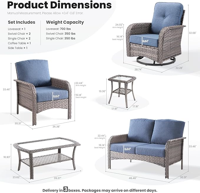 ovios 7-Piece Patio Furniture Set, Outdoor Wicker Sofa with Swivel Chairs Coffee Table, High Back Rattan Couch Loveseat with Comfy Cushions for Porch Yard Deck, Denim Blue