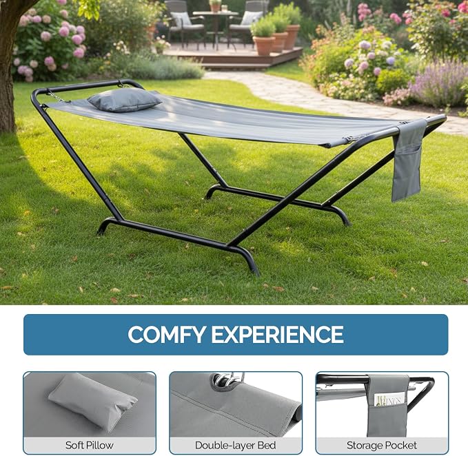 Double Hammock with Stand, Heavy Duty Outdoor Hammock, 550 LBS Capacity, Stable Steel Frame Hammocks with Soft Pillow and Side Storage Pocket for Patio, Garden, Backyard & Beach