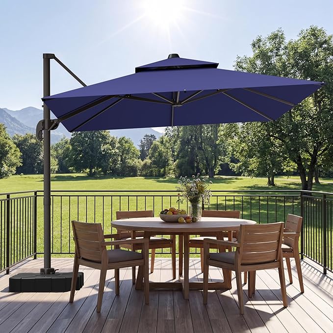 GENTEACO 10X10 FT Cantilever Umbrella, Large Offset Patio Umbrella with Double Top, 6 Angle Tilts & 360° Rotation, Large Square Sun Umbrellas for Outdoor Patio Pool Deck Market, Navy Blue