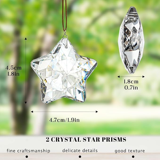 2 Pcs 2 Inch Clear Crystal Star Prism Suncatcher Hanging Decor | Clear Crystal Sun Catcher Prisms Star Shaped Hanging Pendants Set of 2 for Chandelier Patio Garden Window Home Wedding Decor