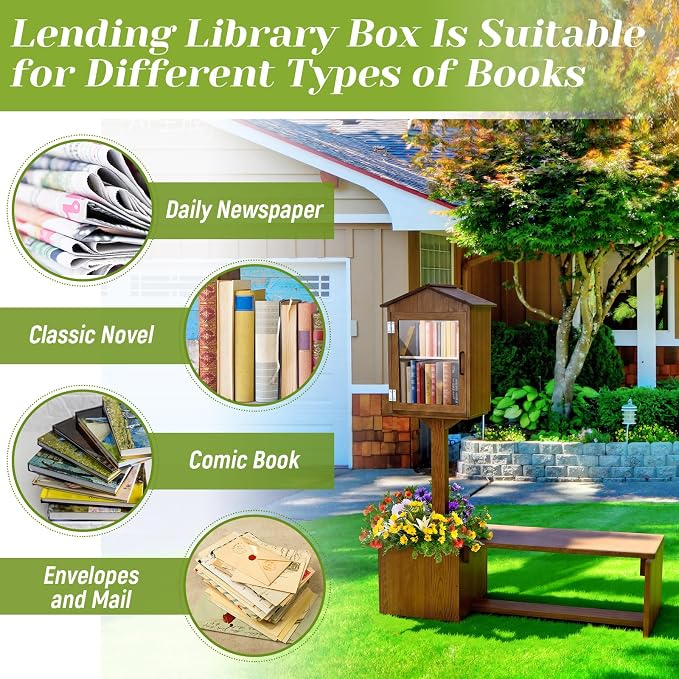 Wonderjune 3-in-1 Little Library Box Outdoor with Bench & Planter DIY Paintable Lending Free Library Pine Wood Neighborhood Share Box Ground Mount Kit for Yard Garden Community School(Dark Brown)