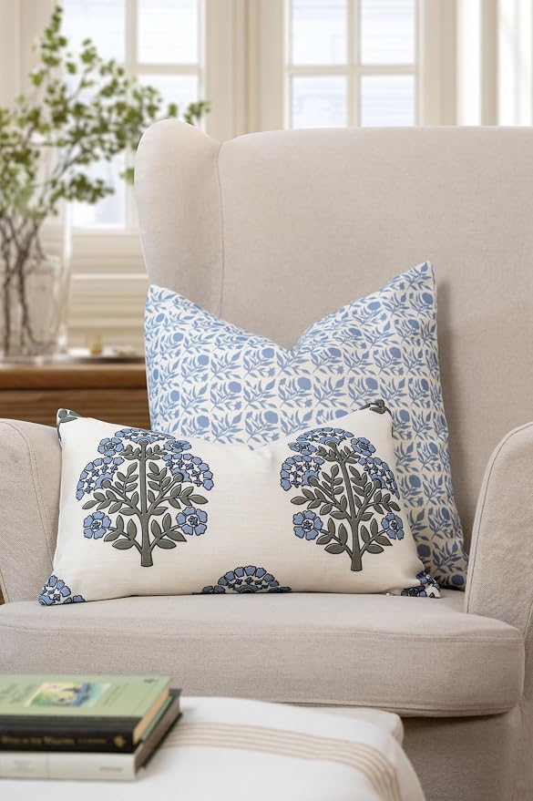 California Casual Coastal Indoor Outdoor Lumbar Pillow Cover, 12"x20" Water Repellent for Patio, Backyard, Couch, Poolside, Green Light Blue Block Print Hydrangea Flowers