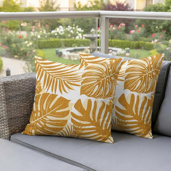 Vintage Yellow Palm Leaves Outdoor Pillow Covers 18"x18" Set of 2, Tropical Botanical Minimalist Modern Waterproof Throw Pillow Covers for Patio Furniture, Decorative Cushion Covers for Porch