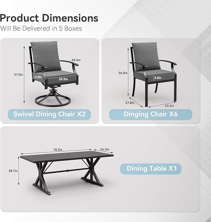 ALAULM 9-Piece Patio Dining Set,Outdoor Metal Dining Set with 2 Swivel Chairs & Rectangle Table with 1.5 Umbrella Hole, Patio Dining Table and Chairs for Backyard,Grey