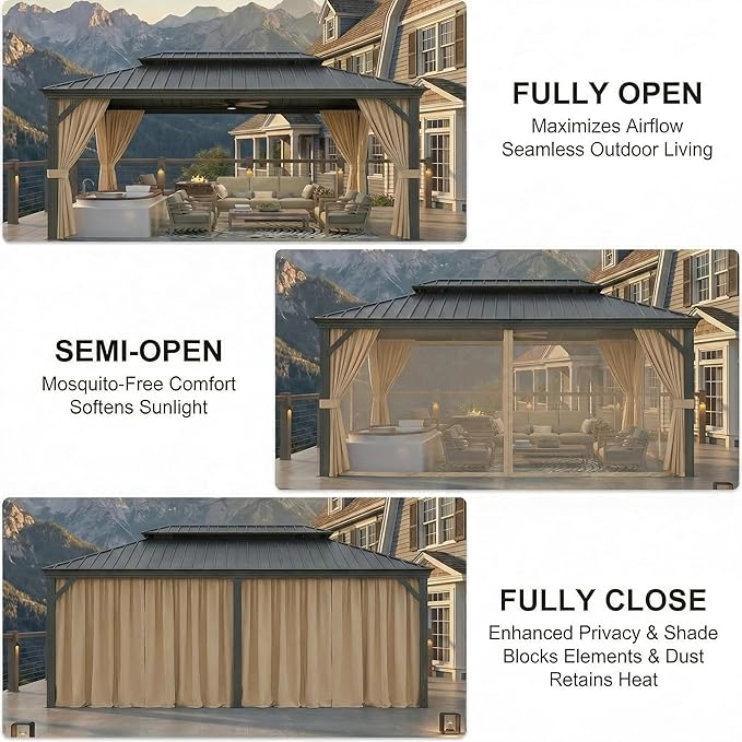 HOTEEL 10x15 Hardtop Gazebo with Flame-Retardant Curtain & Netting, Hot Tub Gazebo with Galvanized Steel Double Roof, Heavy Duty Permanent Pavilion Outdoor for Patio, Frame Thickened, Brown