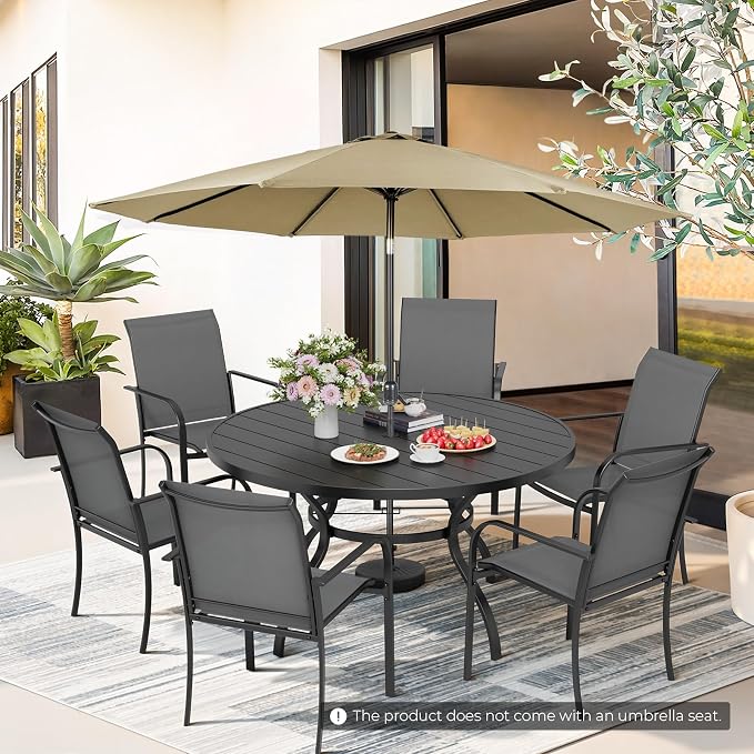 Incbruce 8 PCS Patio Dining Set with Brown Umbrella, Outdoor Dining Set of 6 Textilene Chairs and 53" Round Table with Umbrella Hole for Backyard, Garden, and Poolside (Grey)
