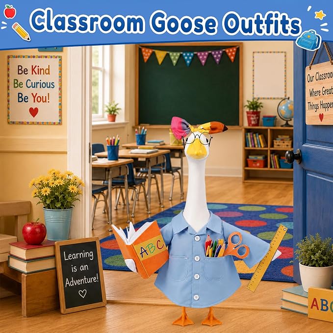 Teacher Porch Goose Outfit for 23 Inch Plastic Cement Goose Statue, Back to School Goose Clothes with Bows Hairband, Glasses & Felt Pencils, Classroom Porch Goose Costume for Yard Patio Lawn Decor
