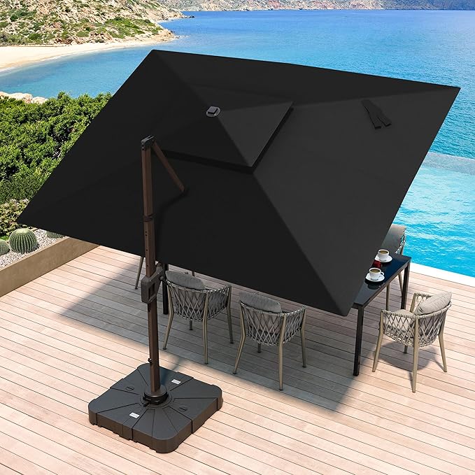 JZAC & QZYD 10X13 FT Outdoor Cantilever Patio Umbrella with Base Included and LED Lights, Large Heavy Duty 2-Tier Aluminum Offset Umbrellas with 360-Degree Rotation for Pool Deck, Black