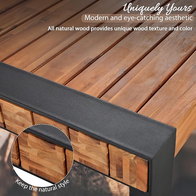 3-Pieces Outdoor Dining Table with 2 Benches, Patio Dining Set with Unique Top Texture, Acacia Wood Top & Steel Frame, All Weather Use, for Outdoor & Indoor, Natural