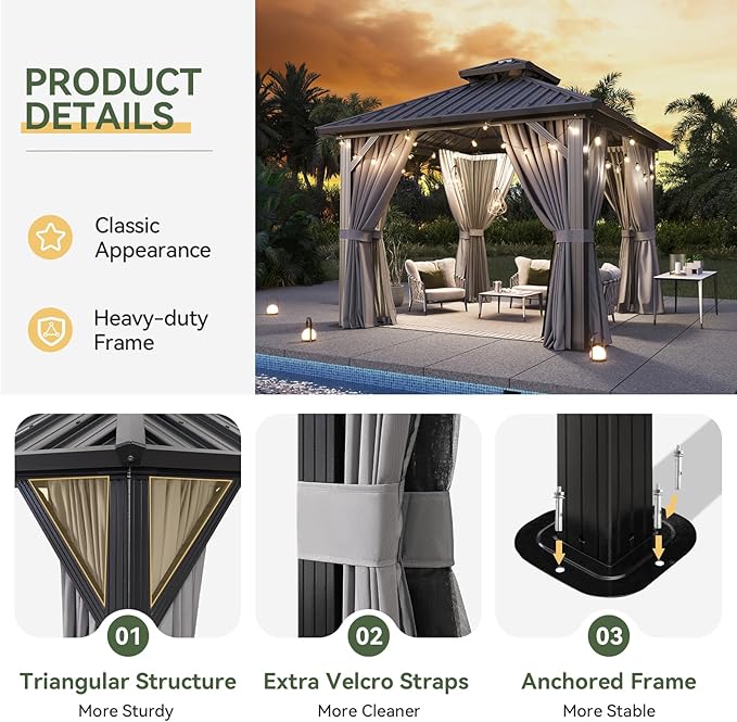 Aoxun 10’x10’ Hardtop Gazebo, Permanent Metal Pavilion with Galvanized Steel Double Roof, Outdoor Pregola for Lawn, Garden, Patio (Black)